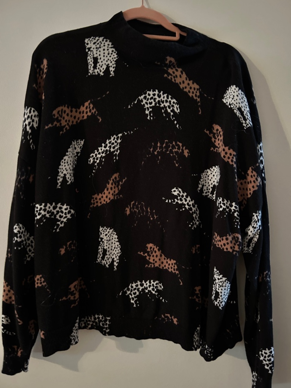Fate Black Crewneck Sweater with White and Brown Leopard Motif